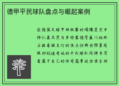 德甲平民球队盘点与崛起案例